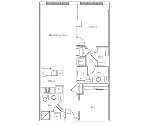 Floor plan for 1 bed, 2 baths, 1030 sqft